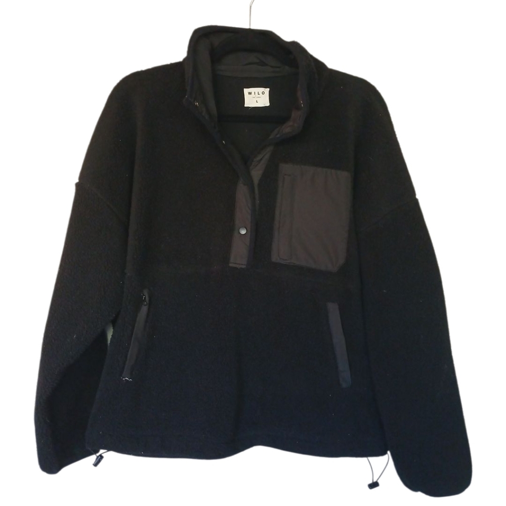 Wilo The Label Anthropologie Solid Black Sherpa Pullover with Pockets Size Large